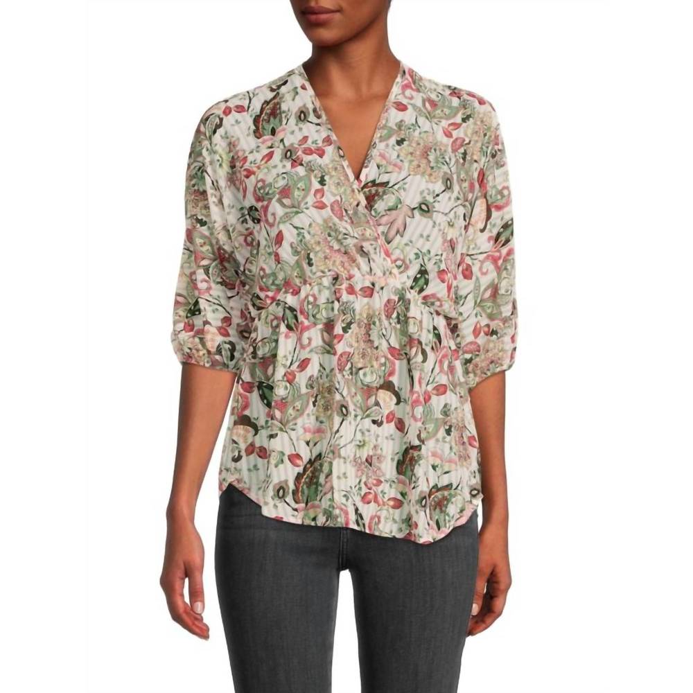 NEW RENEEC. floral print v neck chiffon blouse in ivory/green
